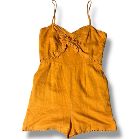 HYGVE Chic Sleeveless Crochet Trim Mustard Adjustable Straps Tie-Front Romper - Picture 8 of 16